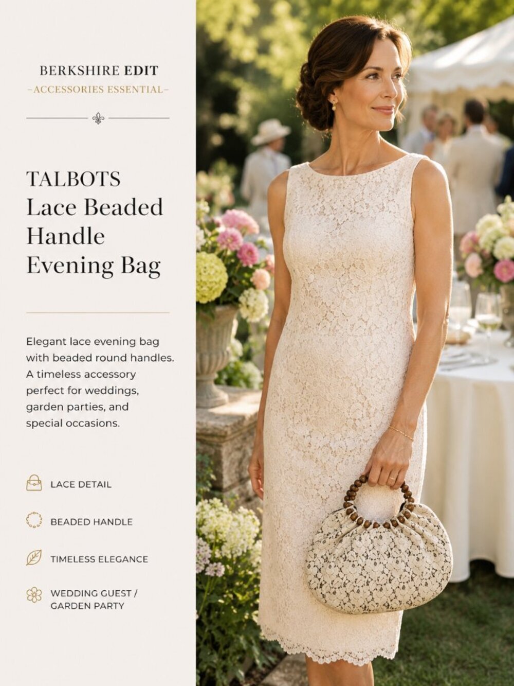 Talbots Cream Lace Evening Bag Beaded Handle Retro Wedding Purse
